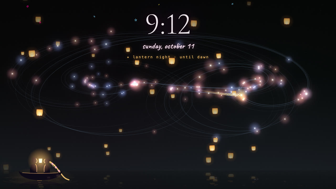 the gtkh wallpaper: a large clock and date over a dark night sky of small lights riding a slow looping shape